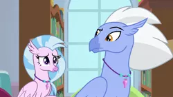 Size: 1920x1080 | Tagged: a horse shoe-in, bookshelf, classical hippogriff, derpibooru import, father and child, father and daughter, female, hippogriff, male, safe, screencap, silverstream, sky beak