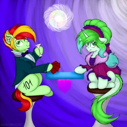 Size: 1958x1967 | Tagged: safe, artist:darklight1315, derpibooru import, oc, unofficial characters only, earth pony, pony, unicorn, card, clothes, cutie mark, female, male, mare, sitting, stallion, stool