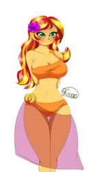 Size: 983x1718 | Tagged: suggestive, artist:hwers, derpibooru import, sunset shimmer, equestria girls, arm behind back, beautiful, belly button, bikini, blushing, breasts, busty sunset shimmer, cleavage, clothes, female, flower, flower in hair, hands behind back, lidded eyes, looking at you, midriff, o-ring swimsuit, off shoulder, orange swimsuit, outfit, sarong, see-through, sexy, smiling, solo, solo female, summer, swimsuit, thigh gap