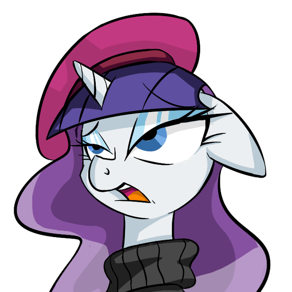 Size: 671x670 | Tagged: artist needed, safe, derpibooru import, edit, rarity, pony, unicorn, ask mademoiselle rarity, sweet and elite, beatnik rarity, beret, clothes, floppy ears, frown, hat, lidded eyes, rarity is not amused, sassy, simple background, solo, sweater, textless version, unamused, white background