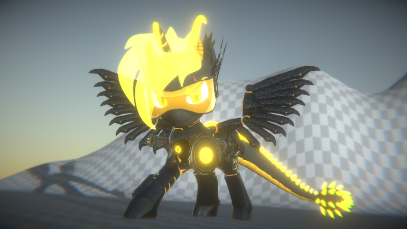 Size: 3840x2160 | Tagged: safe, artist:phoenixtm, derpibooru import, oc, oc:phoenix stardash, cyborg, dracony, dragon, hybrid, pony, 3d, angry, battle stance, cyborg dracony, dracony alicorn, minigun, shiny, spread wings, visor, weapon, wings