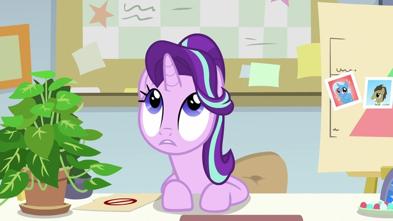 Size: 1920x1080 | Tagged: safe, derpibooru import, screencap, doctor whooves, phyllis, starlight glimmer, time turner, trixie, earth pony, pony, unicorn, a horse shoe-in, cute, diatrixes, female, folder, glimmerbetes, hooves on the table, looking up, male, mare, philodendron, solo, stallion, starlight's office
