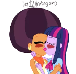 Size: 3000x2921 | Tagged: safe, artist:bigpurplemuppet99, derpibooru import, saffron masala, twilight sparkle, equestria girls, 30 day otp challenge, afro, equestria girls-ified, female, kissing, lesbian, making out, shipping, tongue out, twiffron