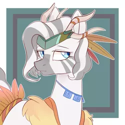 Size: 1500x1500 | Tagged: artist needed, bust, colored, derpibooru import, feather, female, horns, jewelry, looking at you, mare, necklace, oc, oc:zelie, portrait, safe, solo, tribal, unofficial characters only, zebra, zebra oc