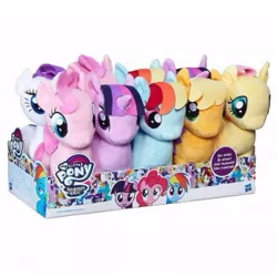 Size: 345x345 | Tagged: safe, derpibooru import, applejack, fluttershy, pinkie pie, rainbow dash, rarity, twilight sparkle, earth pony, pegasus, pony, unicorn, box, box of plushies, cute, female, irl, mane six, mare, my little pony logo, photo, plushie, simple background, unicorn twilight, white background