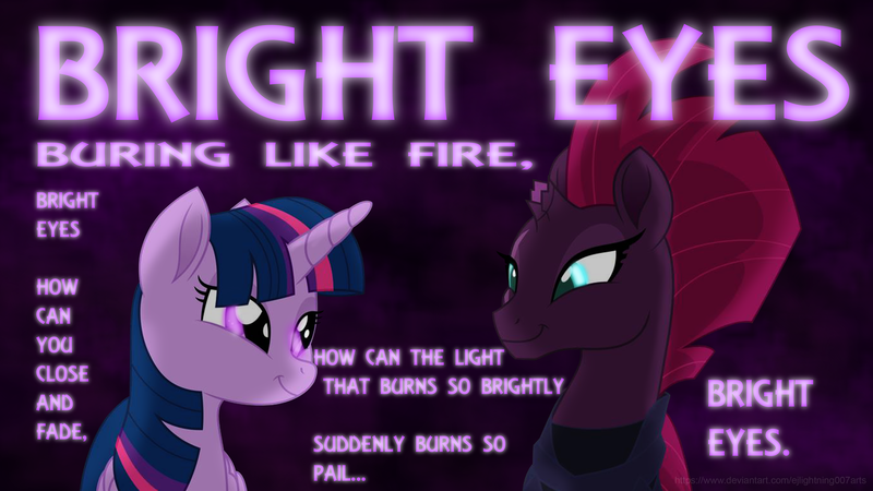 Size: 3840x2160 | Tagged: safe, artist:ejlightning007arts, derpibooru import, tempest shadow, twilight sparkle, twilight sparkle (alicorn), alicorn, unicorn, my little pony: the movie, armor, art garfunkel, bright eyes (song), broken horn, cute, eye scar, female, horn, lesbian, looking at each other, scar, shipping, song reference, tempestlight, text