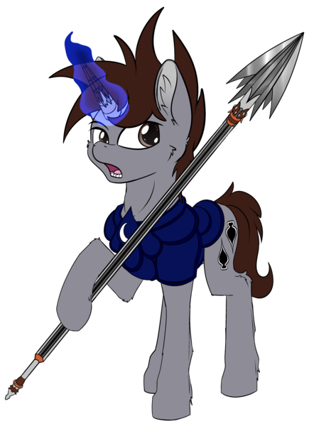 Size: 3270x4515 | Tagged: safe, artist:calena, derpibooru import, oc, oc:midnight spades, unofficial characters only, pony, unicorn, armor, broken horn, context in description, description is relevant, ear fluff, high res, horn, magic, male, prosthetic horn, prosthetics, reference, simple background, solo, spear, stallion, transparent background, weapon