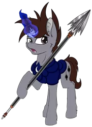 Size: 3270x4515 | Tagged: safe, artist:calena, derpibooru import, oc, oc:midnight spades, unofficial characters only, pony, unicorn, armor, broken horn, context in description, description is relevant, ear fluff, high res, horn, magic, male, prosthetic horn, prosthetics, reference, simple background, solo, spear, stallion, transparent background, weapon