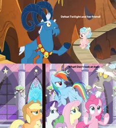 Size: 656x718 | Tagged: safe, derpibooru import, edit, edited screencap, screencap, applejack, cozy glow, discord, fluttershy, grogar, pinkie pie, rainbow dash, rarity, spike, draconequus, dragon, earth pony, pegasus, pony, sheep, unicorn, the ending of the end, the summer sun setback, leak, bow, cloven hooves, colored hooves, cowboy hat, female, filly, flying, hair bow, hat, male, mare, ram, underhoof