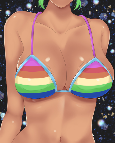 Size: 3698x4589 | Tagged: artist:kuou, bikini, boobshot, breasts, busty rainbow dash, clothes, dark skin, derpibooru import, faceless human, human, humanized, kotobukiya rainbow dash, rainbow bikini, rainbow dash, rainbow swimsuit, sexy, stupid sexy rainbow dash, suggestive, swimsuit