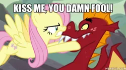 Size: 600x337 | Tagged: safe, derpibooru import, edit, edited screencap, screencap, fluttershy, garble, pegasus, pony, sweet and smoky, boop, caption, female, fluttertsun, garbleshy, image macro, kiss me, male, mare, nose to nose, nose wrinkle, noseboop, shipping, straight, text, tsundere