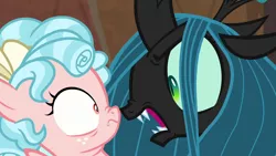Size: 1280x720 | Tagged: safe, derpibooru import, screencap, cozy glow, queen chrysalis, changeling, pegasus, pony, frenemies (episode), angry, boop, female, filly, former queen chrysalis
