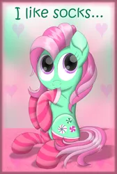 Size: 2750x4098 | Tagged: safe, artist:thevintagepone, derpibooru import, minty, earth pony, pony, clothes, cute, mintabetes, socks, solo, striped socks, that pony sure does love socks