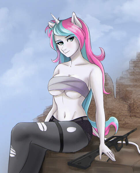 Size: 2750x3396 | Tagged: suggestive, artist:krosh, derpibooru import, oc, oc:diamond mind, anthro, unicorn, bandeau, breasts, chest wrap, clothes, commission, female, gun, leonine tail, ripped stockings, shorts, socks, solo, solo female, steyr aug, stockings, thigh highs, torn clothes, underboob, weapon, ych result