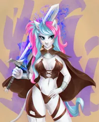 Size: 2281x2800 | Tagged: suggestive, artist:krosh, derpibooru import, oc, oc:diamond mind, anthro, unicorn, abstract background, armor, big breasts, breasts, commission, fantasy class, female, leonine tail, skimpy outfit, solo, solo female, sword, unconvincing armor, weapon, ych result