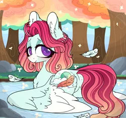 Size: 2768x2586 | Tagged: safe, artist:myfantasy08, derpibooru import, oc, oc:emerald feathers, unofficial characters only, pegasus, pony, bedroom eyes, big eyelashes, butt fluff, chest fluff, cloud, colored wings, ear fluff, eyeshadow, feather, female, flower, heart eyes, lake, looking at you, looking back, looking back at you, makeup, mare, multicolored mane, multicolored tail, multicolored wings, offspring, parent:oc:phoenix feathers, parent:oc:rosa ruby, parents:oc x oc, raised tail, rock, solo, spread wings, tail, tree, water, wingding eyes, wings