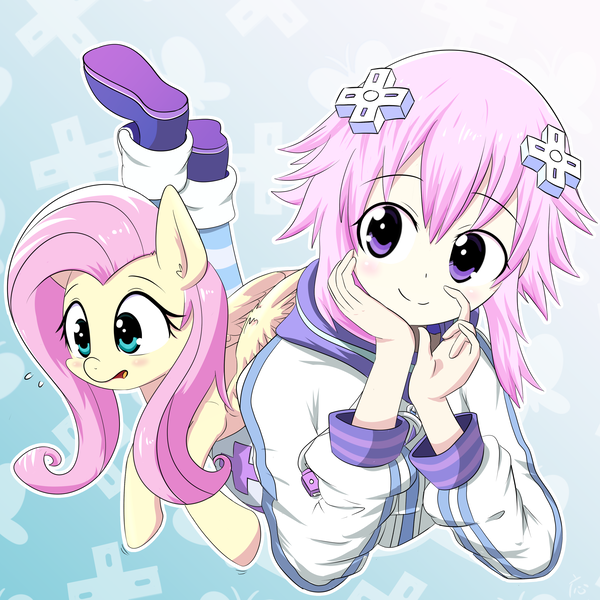 Size: 3400x3399 | Tagged: safe, artist:yinglongfujun, derpibooru import, fluttershy, human, pony, crossover, embarrassed, hyperdimension neptunia, neptune, neptunia, smiling