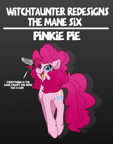 Size: 4000x5100 | Tagged: safe, artist:witchtaunter, derpibooru import, part of a set, pinkie pie, earth pony, pony, absurd resolution, chest fluff, cute, diapinkes, ear fluff, gradient background, gun, happy, joke, jumping, leg fluff, open mouth, pinkie logic, prehensile mane, redesign, smiling, solo, weapon, xk-class end-of-the-world scenario