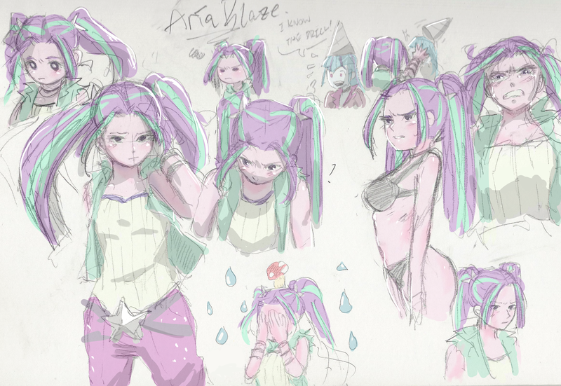 Size: 2326x1601 | Tagged: safe, artist:amazingpuffhair, derpibooru import, aria blaze, sonata dusk, equestria girls, bikini, clothes, crying, doodles, dunce hat, hat, question mark, swimsuit