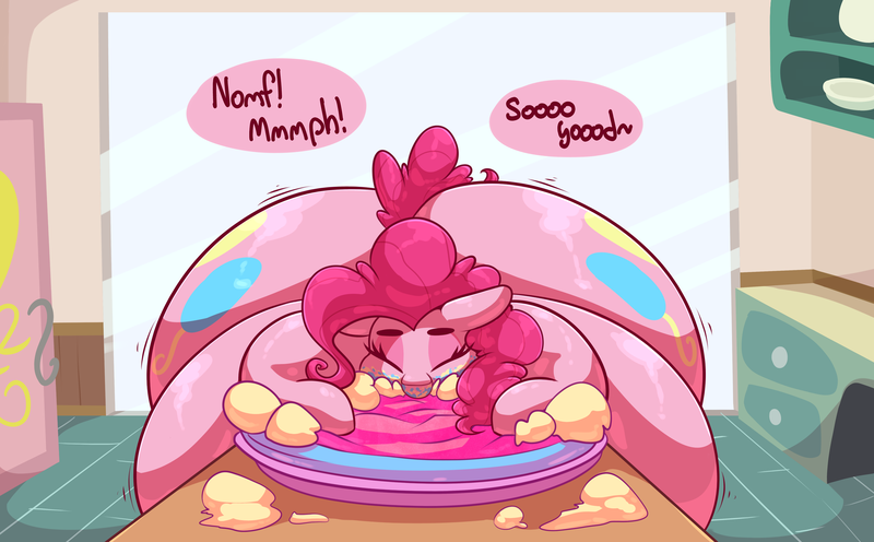 Size: 4800x2974 | Tagged: questionable, artist:graphenescloset, derpibooru import, pinkie pie, pony, series:pinkie breaks the fourth wall, adorafatty, balloonbutt, both cutie marks, butt, cake, eating, eyes closed, fat, food, fourth wall, high res, huge butt, impossibly large butt, impossibly wide hips, incentive drive, kitchen, large belly, large butt, morbidly obese, obese, piggy pie, pudgy pie, solo, weight gain, weight gain sequence, wide hips