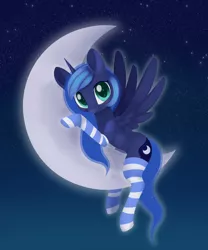 Size: 1856x2232 | Tagged: safe, artist:dusthiel, derpibooru import, princess luna, alicorn, pony, blushing, clothes, crescent moon, cute, cutie mark, ethereal mane, ethereal tail, female, looking at you, lunabetes, moon, on the moon, smiling, socks, solo, striped socks, tangible heavenly object, transparent moon