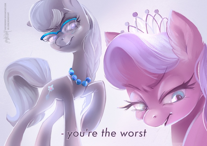 Size: 1280x903 | Tagged: safe, artist:greyredroy, derpibooru import, diamond tiara, silver spoon, earth pony, pony, bully, duo, female, looking at you, mare, raised hoof, smiling, smirk, text