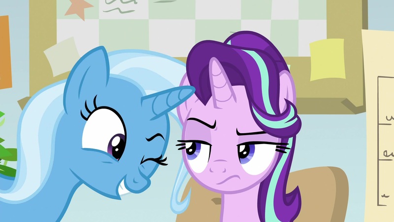 Size: 1920x1080 | Tagged: safe, derpibooru import, screencap, starlight glimmer, trixie, pony, unicorn, a horse shoe-in, female, mare, one eye closed, starlight is not amused, unamused, wink