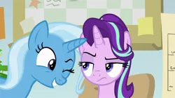 Size: 1920x1080 | Tagged: safe, derpibooru import, screencap, starlight glimmer, trixie, pony, unicorn, a horse shoe-in, female, mare, one eye closed, starlight is not amused, unamused, wink