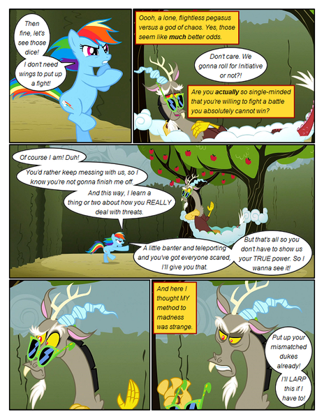 Size: 612x792 | Tagged: safe, artist:newbiespud, derpibooru import, edit, edited screencap, screencap, discord, rainbow dash, draconequus, pegasus, pony, comic:friendship is dragons, the return of harmony, angry, annoyed, apple, bipedal, cloud, comic, dialogue, female, food, frown, hammock, hedge maze, male, mare, on back, screencap comic, sunglasses, tree, wingless