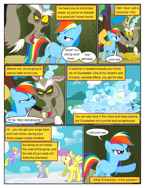 Size: 612x792 | Tagged: safe, artist:newbiespud, derpibooru import, edit, edited screencap, screencap, cloud kicker, derpy hooves, discord, parasol, rainbow dash, draconequus, pegasus, pony, comic:friendship is dragons, the return of harmony, angry, annoyed, background pony, cloudsdale, comic, dialogue, female, flying, frown, hedge maze, looking up, male, mare, raised hoof, scared, screencap comic, surprised, wingless