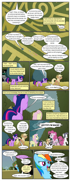 Size: 612x1553 | Tagged: safe, artist:newbiespud, derpibooru import, edit, edited screencap, screencap, applejack, fluttershy, pinkie pie, rainbow dash, rarity, tom, twilight sparkle, earth pony, pegasus, pony, unicorn, comic:friendship is dragons, the return of harmony, comic, dialogue, discorded, earth pony twilight, eyes closed, flower, flutterbitch, freckles, greedity, hat, hedge maze, liarjack, looking up, mane six, meanie pie, screencap comic, smiling, wingless