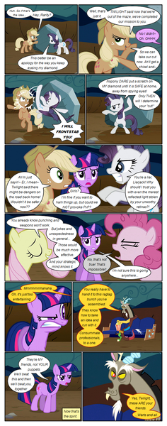 Size: 612x1554 | Tagged: safe, artist:newbiespud, derpibooru import, edit, edited screencap, screencap, applejack, discord, fluttershy, rarity, tom, twilight sparkle, draconequus, earth pony, pegasus, pony, unicorn, comic:friendship is dragons, the return of harmony, angry, argument, arm behind head, comic, concerned, couch, d:, dialogue, discorded, eyes closed, female, flutterbitch, food, freckles, frown, greedity, gritted teeth, hat, kicking, liarjack, male, mare, open mouth, popcorn, rock, screencap comic, sitting, smiling, smirk, smug, surprised, unicorn twilight