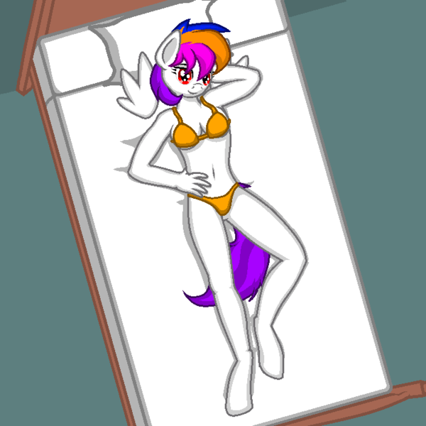 Size: 703x703 | Tagged: anthro, anthro oc, artist:zeka10000, base used, bed, bedroom, bedroom eyes, breasts, derpibooru import, female, laying on bed, looking at you, oc, oc:lila love, on bed, pegasus, request, requested art, solo, suggestive, unofficial characters only