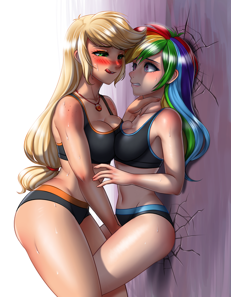 Size: 3115x4000 | Tagged: questionable, semi-grimdark, artist:racoonsan, derpibooru import, applejack, rainbow dash, human, equestria girls, absurd resolution, against wall, appledash, asymmetrical docking, bedroom eyes, big breasts, blushing, breasts, busty applejack, busty rainbow dash, cleavage, clothes, death by snu snu, dubious consent, eyes on the prize, female, females only, freckles, geode of super strength, humanized, implied sex, lesbian, licking, licking lips, looking at each other, magical geodes, nervous, sexy, shipping, snu-snu, sports bra, sports panties, stupid sexy applejack, stupid sexy rainbow dash, super strength, this will end in snu snu, tongue out