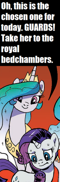 Size: 272x816 | Tagged: suggestive, artist:pencils, derpibooru import, edit, idw, princess celestia, rarity, alicorn, unicorn, spoiler:comic, spoiler:comic82, caption, comic, cropped, female, image macro, lesbian, mare, meme, rarilestia, shipping, text, trollestia