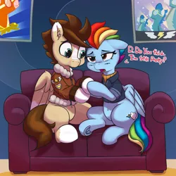 Size: 4084x4084 | Tagged: safe, artist:pabbley, derpibooru import, rainbow dash, oc, oc:skittle, pegasus, pony, the last problem, belly button, canon x oc, clothes, coat, coat markings, couch, dialogue, female, hoof hold, male, mare, older, older rainbow dash, open mouth, shipping, shirt, sitting, skidash, socks (coat marking), stallion, straight, underhoof
