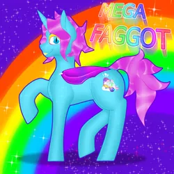 Size: 4000x4000 | Tagged: safe, artist:wumbl3, derpibooru import, oc, oc:chroma wave, unofficial characters only, alicorn, bat pony, bat pony alicorn, pony, alicorn oc, bat wings, cutie mark, eyeshadow, faggot, femboy, horn, lifted leg, lipstick, looking at you, makeup, male, pose, rainbow, raised hoof, sissy, slur, smiling, solo, sparkles, standing, vulgar, wings