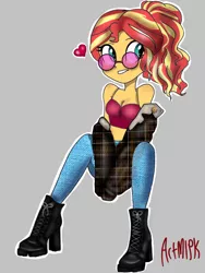 Size: 768x1024 | Tagged: safe, artist:artmlpk, derpibooru import, sunset shimmer, equestria girls, alternate hairstyle, bare shoulders, boots, bra, clothes, crop top bra, cute, design, fashion, hoodie, jacket, jeans, midriff, pants, ponytail, shimmerbetes, shoes, sitting, sleeveless, solo, sunglasses, trendy style, underwear
