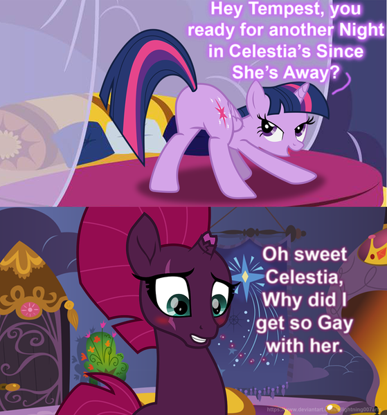 Size: 1992x2139 | Tagged: suggestive, artist:ejlightning007arts, derpibooru import, fizzlepop berrytwist, tempest shadow, twilight sparkle, twilight sparkle (alicorn), alicorn, unicorn, bedroom, blushing, broken horn, butt, caption, celestia's bedroom, comic, cute, eye scar, female, horn, image macro, implied sex, lesbian, mare, nervous, open mouth, plot, scar, shipping, stupid sexy twilight, tempestlight, text, twibutt