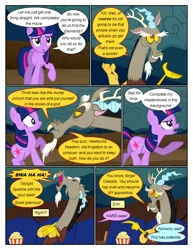 Size: 612x792 | Tagged: safe, artist:newbiespud, derpibooru import, edit, edited screencap, screencap, discord, twilight sparkle, draconequus, pony, unicorn, comic:friendship is dragons, the return of harmony, comic, confused, couch, dialogue, eyes closed, female, food, frown, implied rainbow dash, laughing, male, mare, popcorn, raised hoof, screencap comic, unicorn twilight