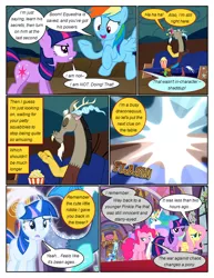 Size: 612x792 | Tagged: safe, artist:newbiespud, derpibooru import, edit, edited screencap, screencap, fluttershy, pinkie pie, princess celestia, rainbow dash, twilight sparkle, alicorn, earth pony, pegasus, pony, unicorn, comic:friendship is dragons, the return of harmony, big crown thingy, comic, couch, dialogue, element of magic, ethereal mane, eyes closed, female, flower, flying, food, frown, jewelry, male, mare, popcorn, regalia, screencap comic, sitting, teleportation, time travel, unamused, unicorn twilight