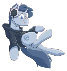 Size: 1190x1276 | Tagged: safe, artist:ikarooz, derpibooru import, oc, oc:tesseract, unofficial characters only, pony, unicorn, clothes, headphones, hoodie, male, simple background, solo, transparent background