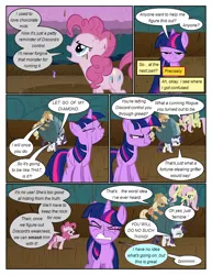 Size: 612x792 | Tagged: safe, artist:newbiespud, derpibooru import, edit, edited screencap, screencap, applejack, fluttershy, pinkie pie, rarity, tom, twilight sparkle, earth pony, pegasus, pony, unicorn, comic:friendship is dragons, the return of harmony, angry, annoyed, argument, chocolate, chocolate rain, cloud, comic, dialogue, eyes closed, fight, flutterbitch, flying, food, freckles, frown, greedity, gritted teeth, hat, implied rainbow dash, liarjack, looking back, looking down, looking up, pointing, ponies riding ponies, rain, raised hoof, riding, rock, screencap comic, unicorn twilight, wet, wet mane