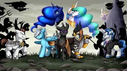 Size: 3840x2160 | Tagged: safe, artist:pridark, derpibooru import, fancypants, princess celestia, princess luna, oc, oc:blueblood vii, oc:hyacintho caelum, oc:kill bosby, oc:valor valkyrie, changeling, gryphon, pegasus, pony, airship, armor, bag, canterlot, changeling oc, clothes, commission, dungeons and dragons, female, griffon oc, high res, male, pen and paper rpg, rebellion, rock, rpg, saddle bag, silhouette, sword, tempest's airship, weapon