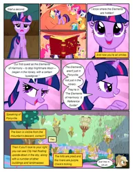 Size: 612x792 | Tagged: safe, artist:newbiespud, derpibooru import, edit, edited screencap, screencap, applejack, fluttershy, pinkie pie, rainbow dash, rarity, twilight sparkle, earth pony, pegasus, pony, unicorn, comic:friendship is dragons, the return of harmony, book, chocolate, chocolate rain, comic, dialogue, female, food, freckles, glowing horn, hat, horn, implied discord, liarjack, looking up, magic, mane six, mare, rain, screencap comic, smiling, sunburst background, telekinesis, wet, wet mane