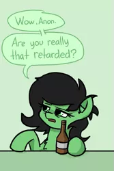 Size: 427x640 | Tagged: safe, artist:plunger, derpibooru import, oc, oc:anonfilly, unofficial characters only, pony, alcohol, beer, bottle, dialogue, female, filly, retarded, simple background, solo, speech bubble, text, underaged drinking