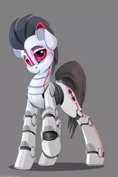 Size: 2000x3000 | Tagged: safe, artist:skitsniga, derpibooru import, oc, oc:rubiont, pony, robot, robot pony, cute, gray background, handsome, high res, male, metal, raised hoof, simple background, solo