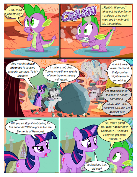 Size: 612x792 | Tagged: safe, artist:newbiespud, derpibooru import, edit, edited screencap, screencap, fluttershy, pinkie pie, rarity, spike, tom, twilight sparkle, earth pony, pegasus, pony, unicorn, comic:friendship is dragons, the return of harmony, annoyed, bipedal, book, bookcase, comic, d:, dialogue, discorded, female, flutterbitch, flying, frown, golden oaks library, greedity, looking down, male, mare, onomatopoeia, open mouth, puddle, pushing, screencap comic, surprised, unicorn twilight, wet, wide eyes