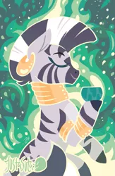 Size: 587x900 | Tagged: abstract background, artist:justasuta, bowl, bracelet, derpibooru import, ear piercing, earring, eyes closed, female, hooves, jewelry, lineless, mare, neck rings, piercing, profile, quadrupedal, safe, smiling, solo, zebra, zecora