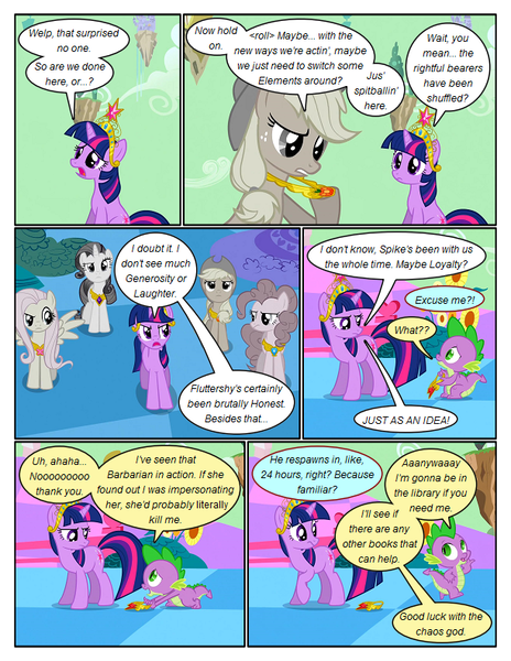 Size: 612x792 | Tagged: safe, artist:newbiespud, derpibooru import, edit, edited screencap, screencap, applejack, fluttershy, rarity, spike, dragon, earth pony, pegasus, pony, unicorn, comic:friendship is dragons, the return of harmony, big crown thingy, comic, dialogue, element of generosity, element of honesty, element of kindness, element of laughter, element of loyalty, element of magic, elements of harmony, female, flutterbitch, frown, greedity, hat, implied rainbow dash, jewelry, liarjack, looking down, looking up, male, mare, regalia, screencap comic, slit eyes, spread wings, walking, wings